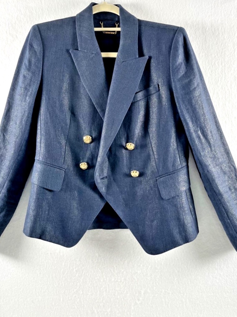 Elie Tahari Double Breasted Blazer Jacket Shimmer Navy Blue Gold Buttons Size 6